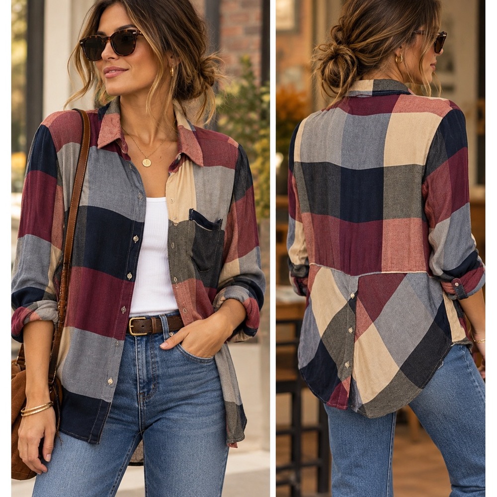 Lucky Brand Button Down Shirt Plaid Modal Viscose Blend Casual Medium